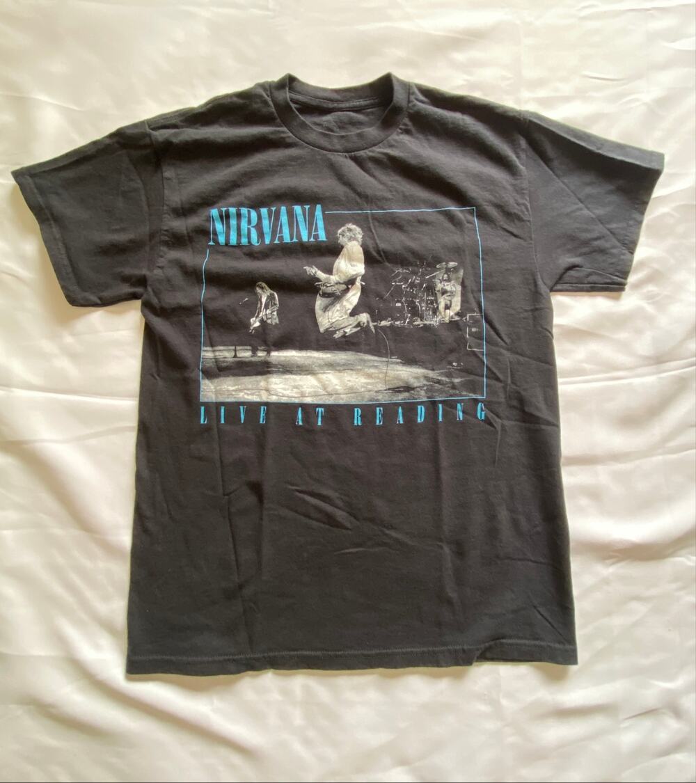 Nirvana Live at Reading T-Shirt Black Blue Smiley Double Sided Graphic Band Tee